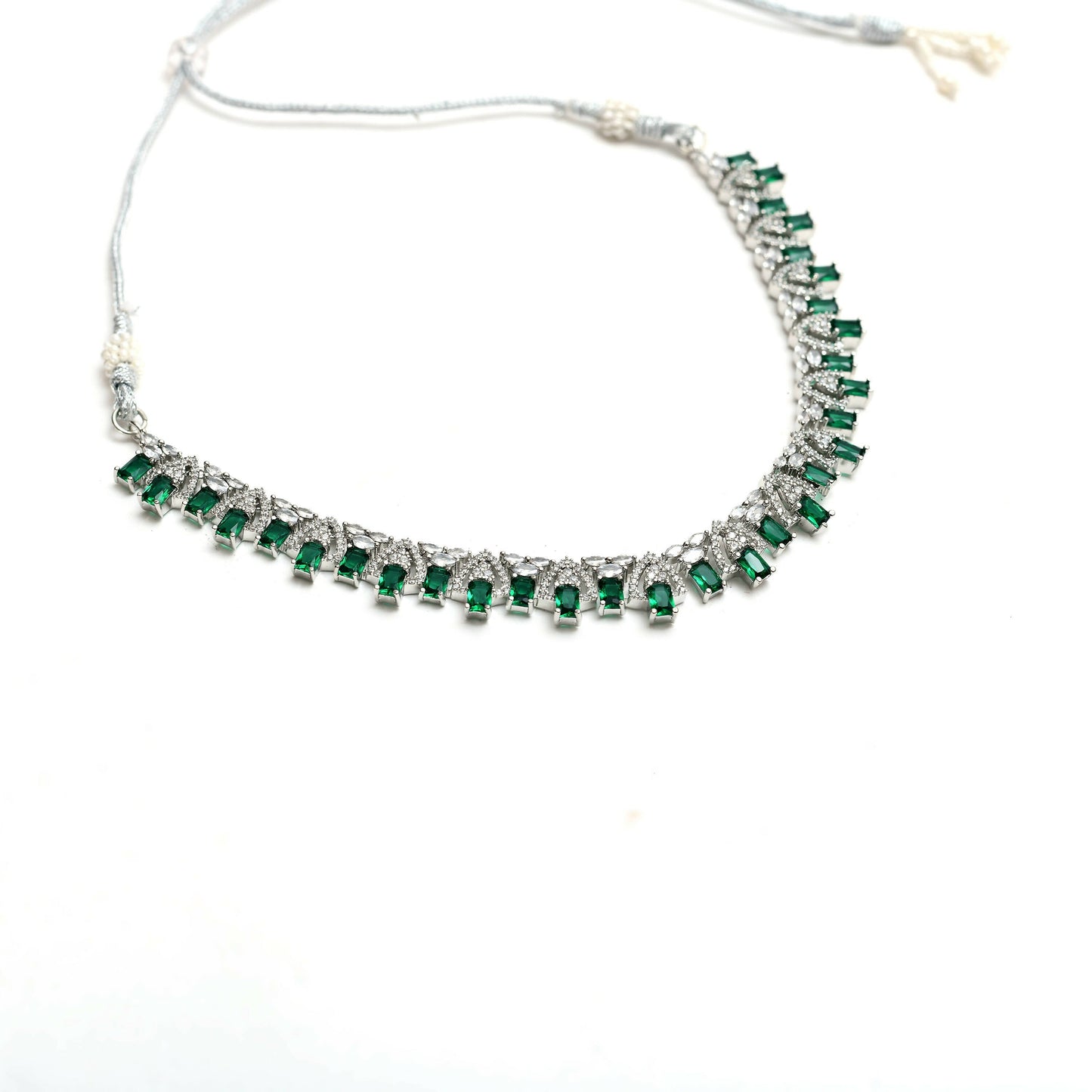 Mominos Fashion Johar Kamal Silver-Plated American Diamond Green Choker Set