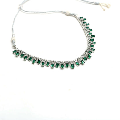 Mominos Fashion Johar Kamal Silver-Plated American Diamond Green Choker Set