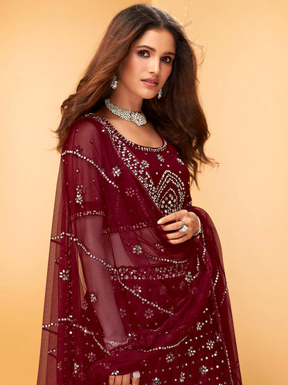 Myra Maroon Heavy Embroidered net Designer Lehenga