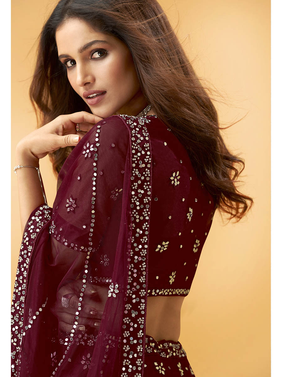 Myra Maroon Heavy Embroidered net Designer Lehenga