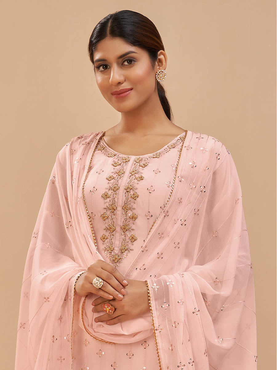 Myra Peach Pure Georgette Embroidered Suit