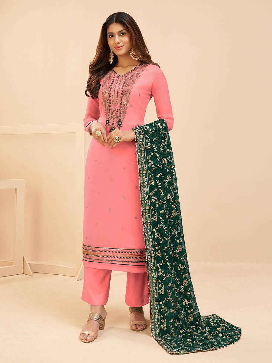 Myra Peach Georgette Embroidered Palazzo Suit
