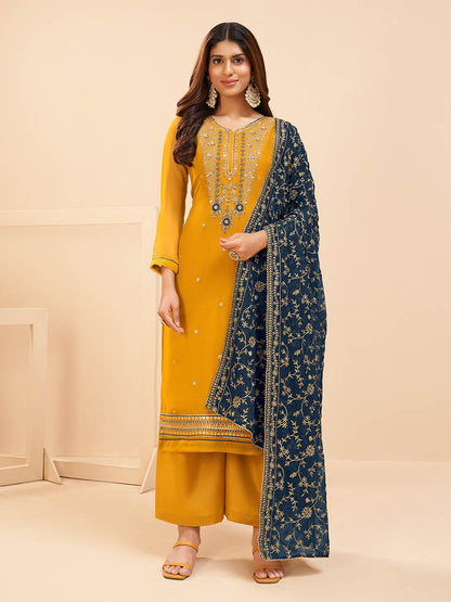 Myra Yellow Georgette Embroidered Palazzo Suit