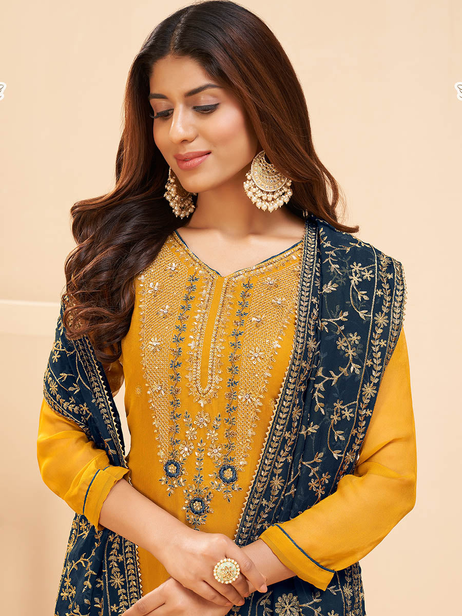 Myra Yellow Georgette Embroidered Palazzo Suit