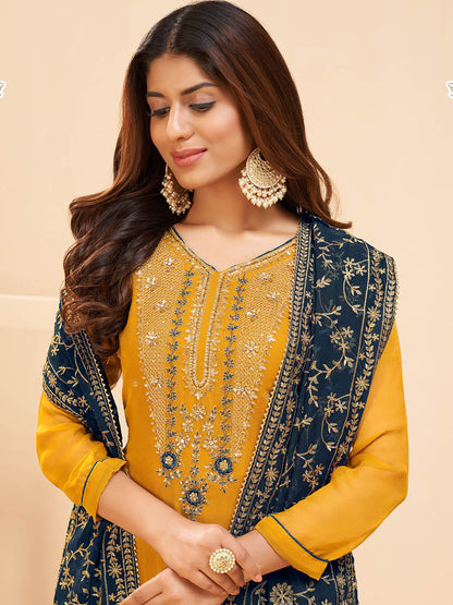 Myra Yellow Georgette Embroidered Palazzo Suit