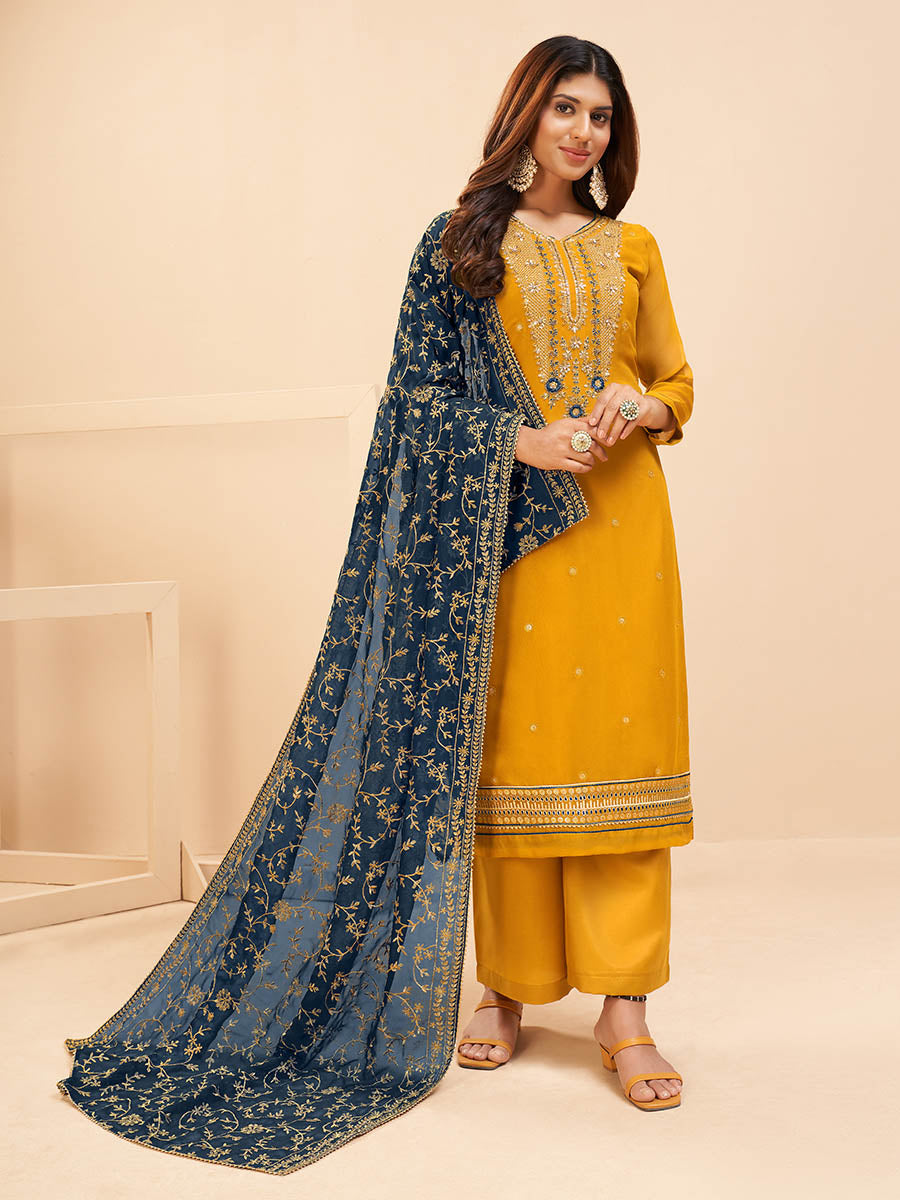Myra Yellow Georgette Embroidered Palazzo Suit
