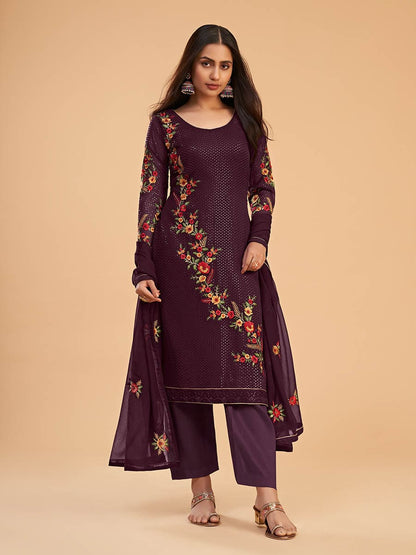 Myra Wine Georgette Embroidered Pant Style Suit