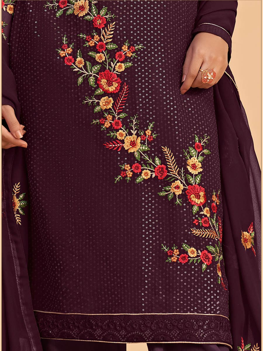 Myra Wine Georgette Embroidered Pant Style Suit