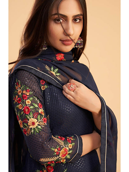 Myra Navy Blue Georgette Embroidered Pant Style Suit