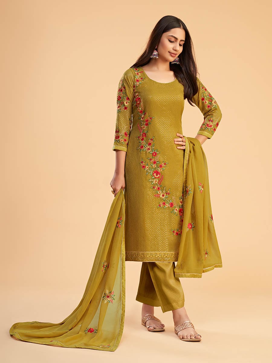 Myra Mustard Yellow Georgette Embroidered Pant Style Suit