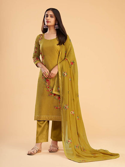 Myra Mustard Yellow Georgette Embroidered Pant Style Suit