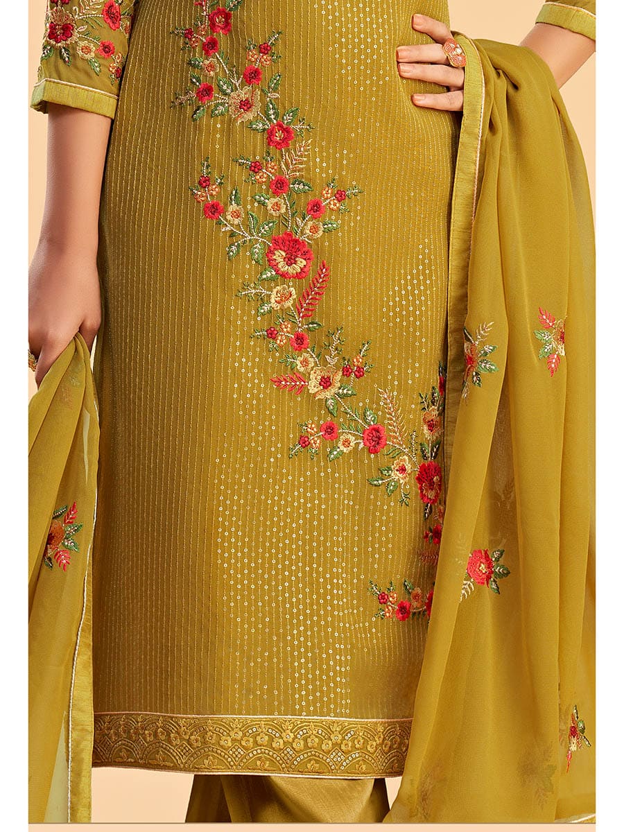 Myra Mustard Yellow Georgette Embroidered Pant Style Suit