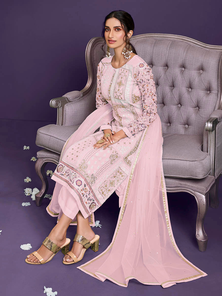 Myra Light Pink Floral Thread Embroidered Palazo Suit