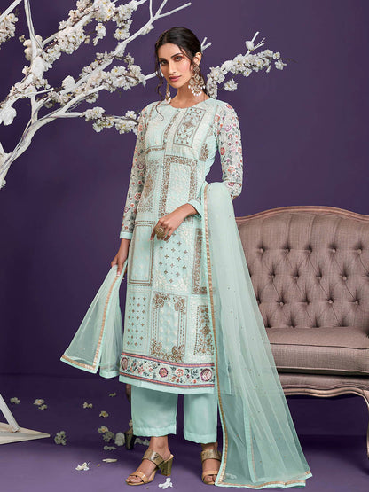 Myra Sea Green Floral Thread Embroidered Palazo Suit
