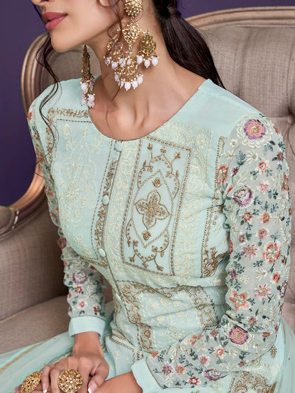 Myra Sea Green Floral Thread Embroidered Palazo Suit