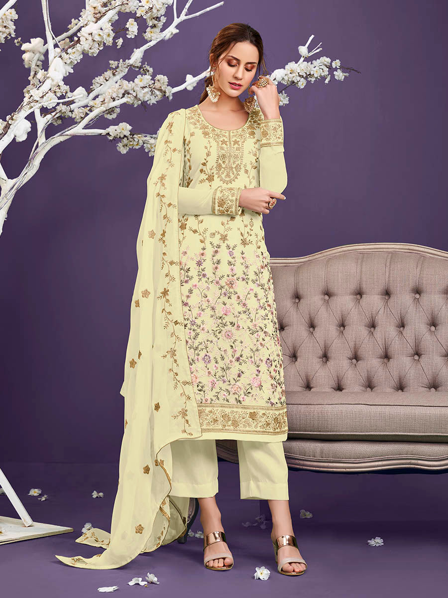 Myra Light Yellow Floral Thread Embroidered Palazo Suit