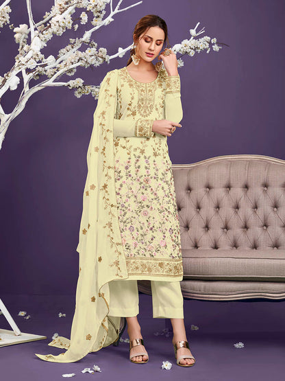 Myra Light Yellow Floral Thread Embroidered Palazo Suit