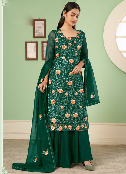 Vegaa Fashion Green Georgette Embroidery Designer Sharara Suit