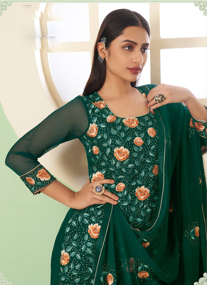 Vegaa Fashion Green Georgette Embroidery Designer Sharara Suit