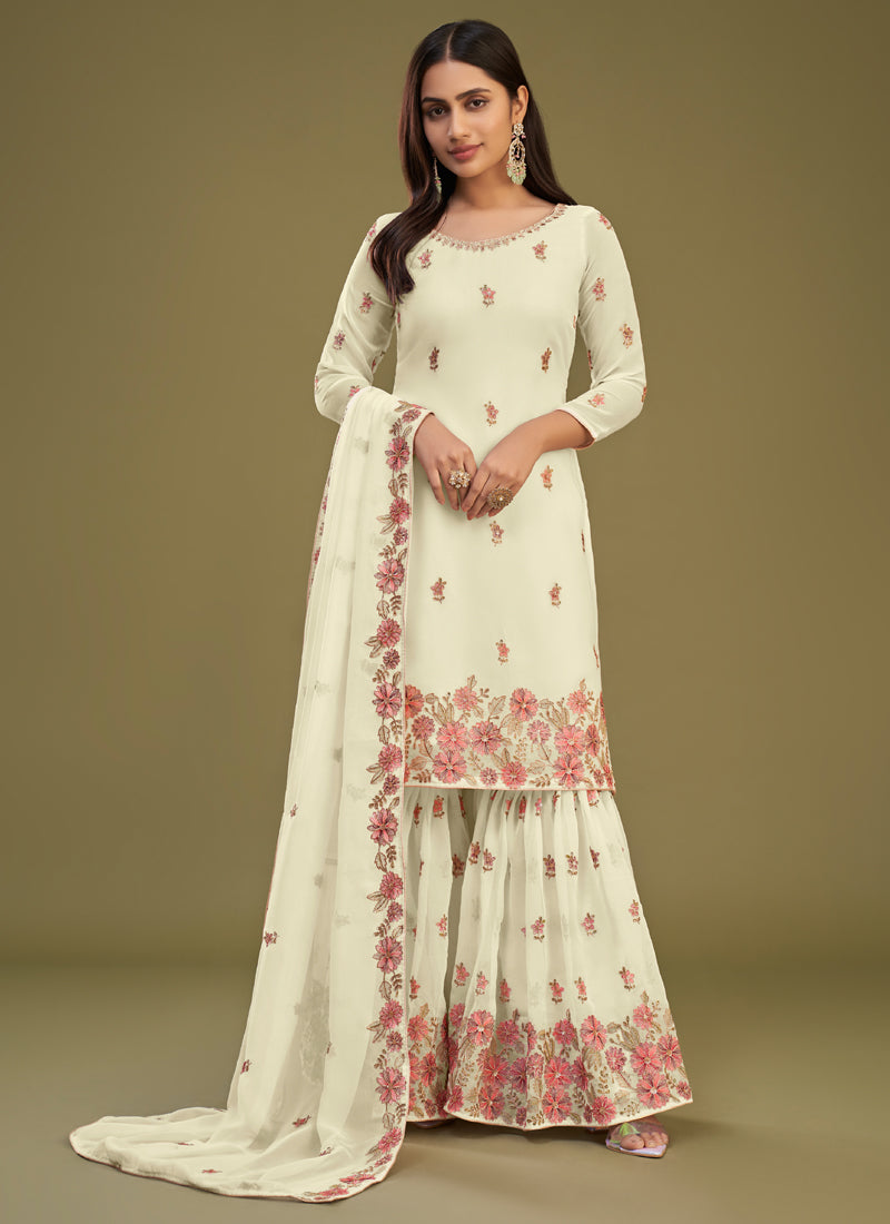 Vegaa Fashion Lemon Yellow Georgette Embroidery Designer Sharara Suit