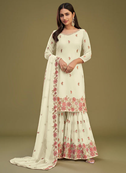 Vegaa Fashion Lemon Yellow Georgette Embroidery Designer Sharara Suit