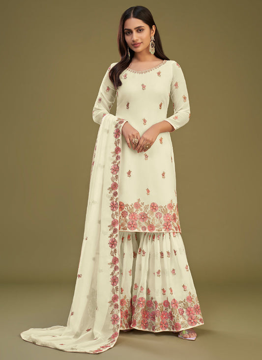 Vegaa Fashion Lemon Yellow Georgette Embroidery Designer Sharara Suit