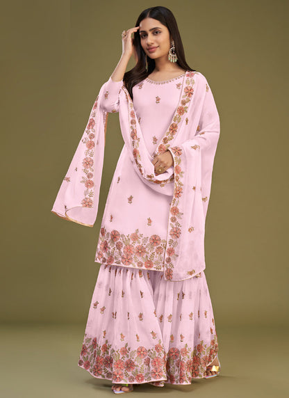 Vegaa Fashion Pink Georgette Embroidery Designer Sharara Suit