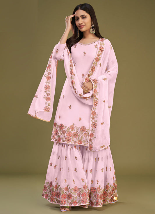 Vegaa Fashion Pink Georgette Embroidery Designer Sharara Suit