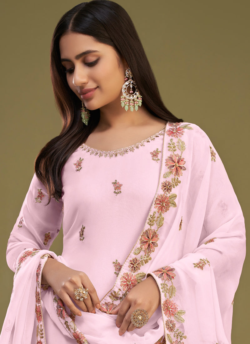 Vegaa Fashion Pink Georgette Embroidery Designer Sharara Suit