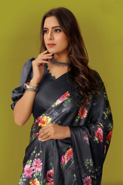 Aayaa Designer Printed Satin Saree - Multi Color