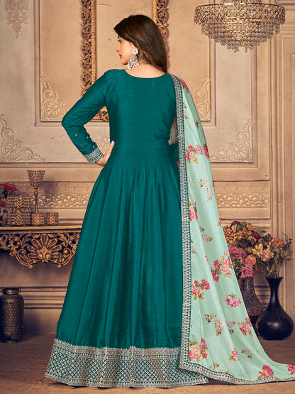 Myra Rama Green Silk Slub Embroidered Anarkali Suit
