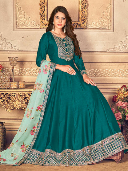 Myra Rama Green Silk Slub Embroidered Anarkali Suit