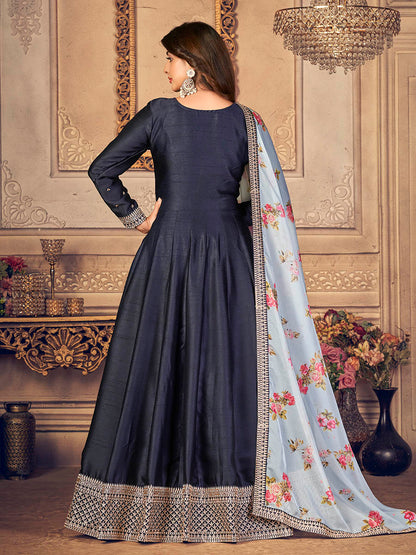 Myra Navy Blue Silk Slub Embroidered Anarkali Suit