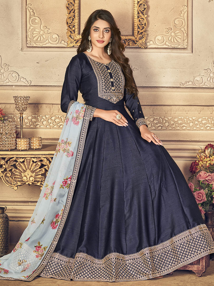 Myra Navy Blue Silk Slub Embroidered Anarkali Suit