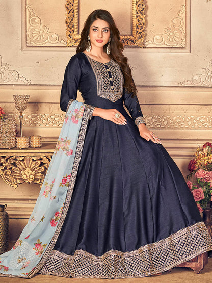 Myra Navy Blue Silk Slub Embroidered Anarkali Suit