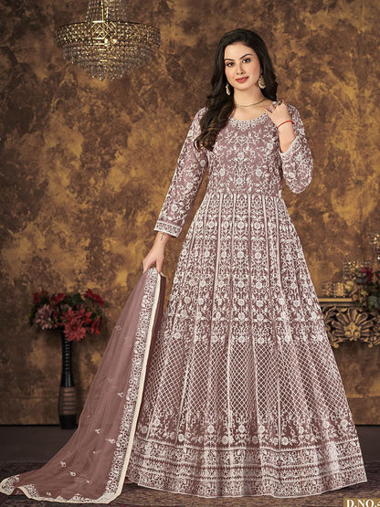 Myra Dusty Brown Butterfly Net Embroidered Anarkali Suit