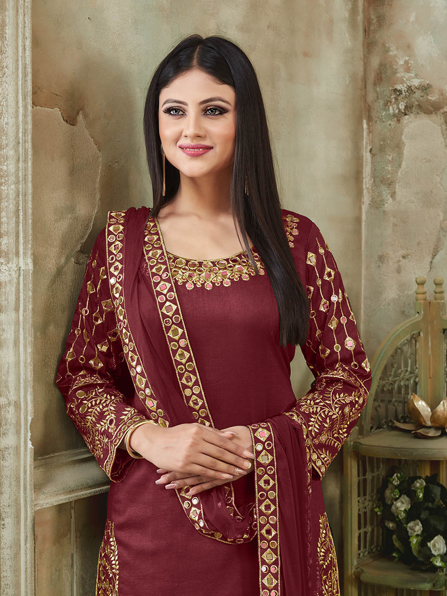 Myra Red Art Silk Real Glass Work Suit
