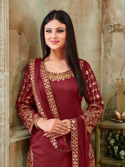 Myra Red Art Silk Real Glass Work Suit