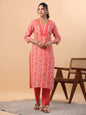 Janasya Regular Poly Cotton Red Printed Square Neck Set