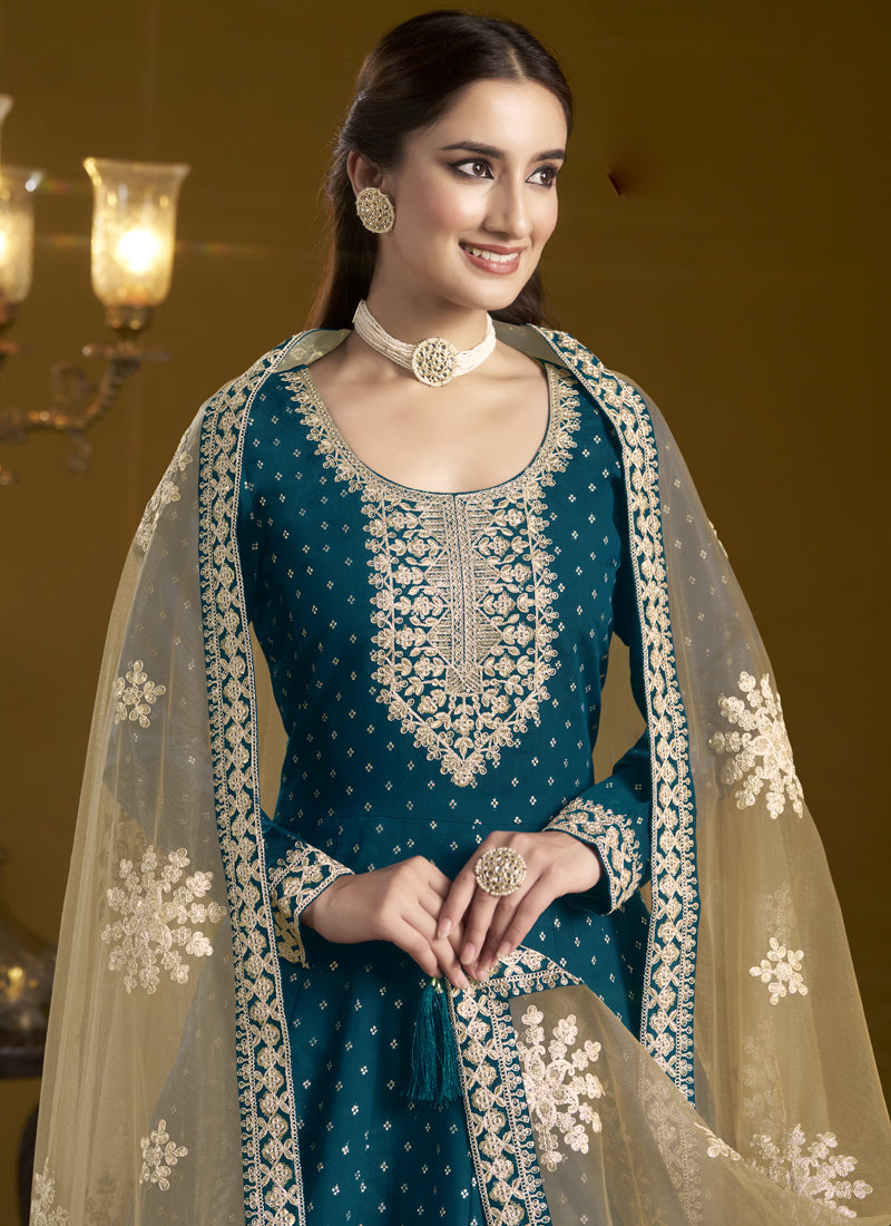 Vegaa Fashion Royal Blue Chanderi Butti Embroidered Anarkali Suit