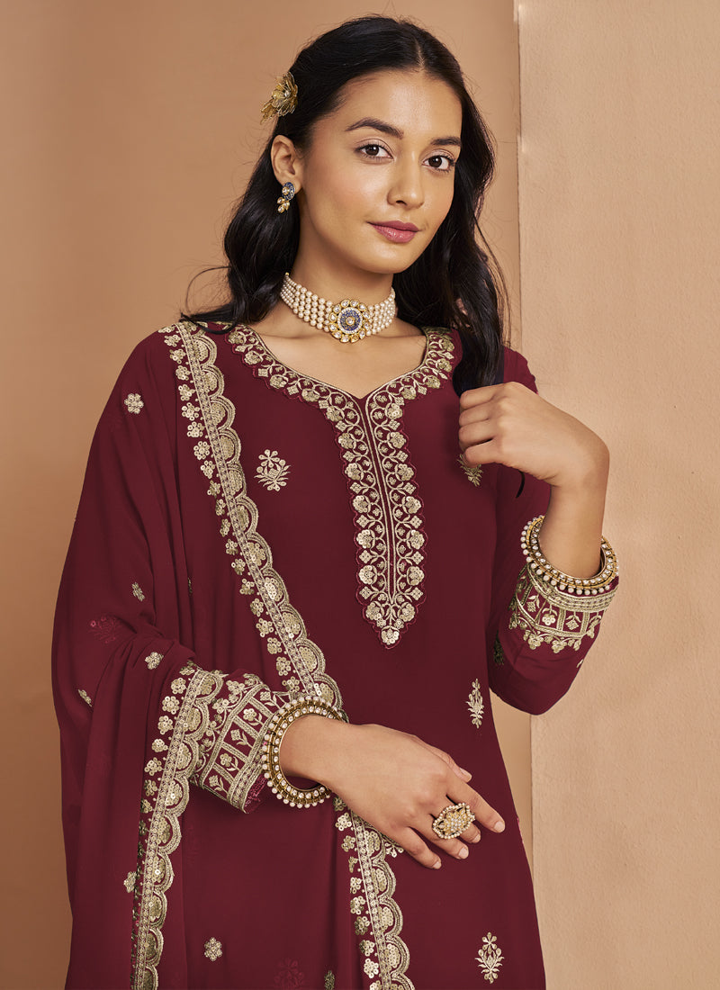 Vegaa Fashion Maroon Faux Georgette Embroidered Palazzo Suit