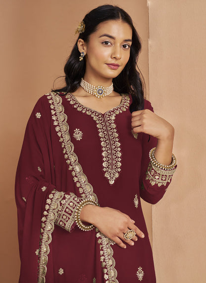Vegaa Fashion Maroon Faux Georgette Embroidered Palazzo Suit