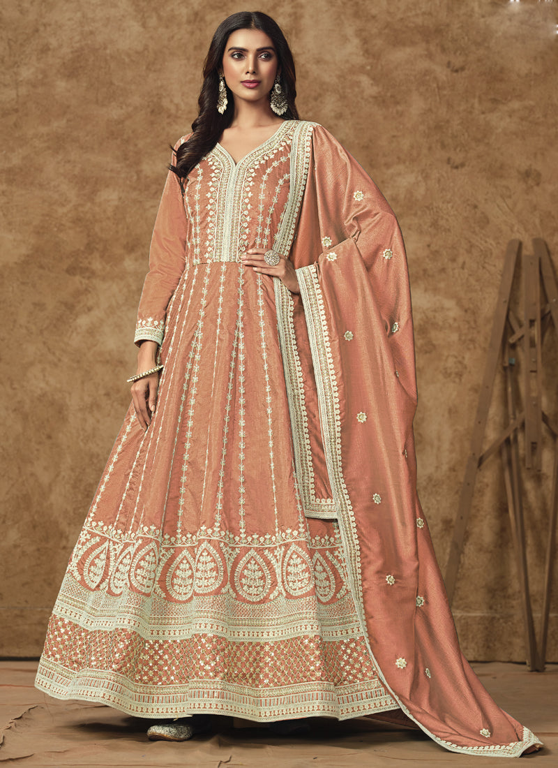 Vegaa Fashion Light Orange Dola Silk Embroidered Anarkali Suit