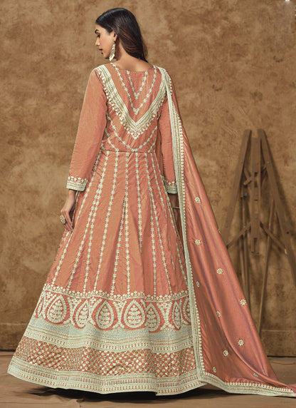 Vegaa Fashion Light Orange Dola Silk Embroidered Anarkali Suit