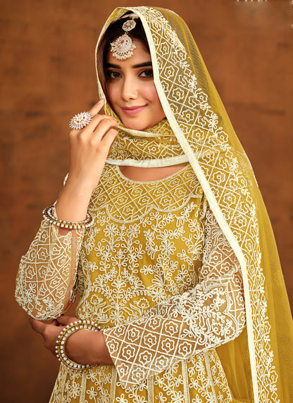 Vegaa Fashion Designer Yellow Net Embroidery Anarkali Suit
