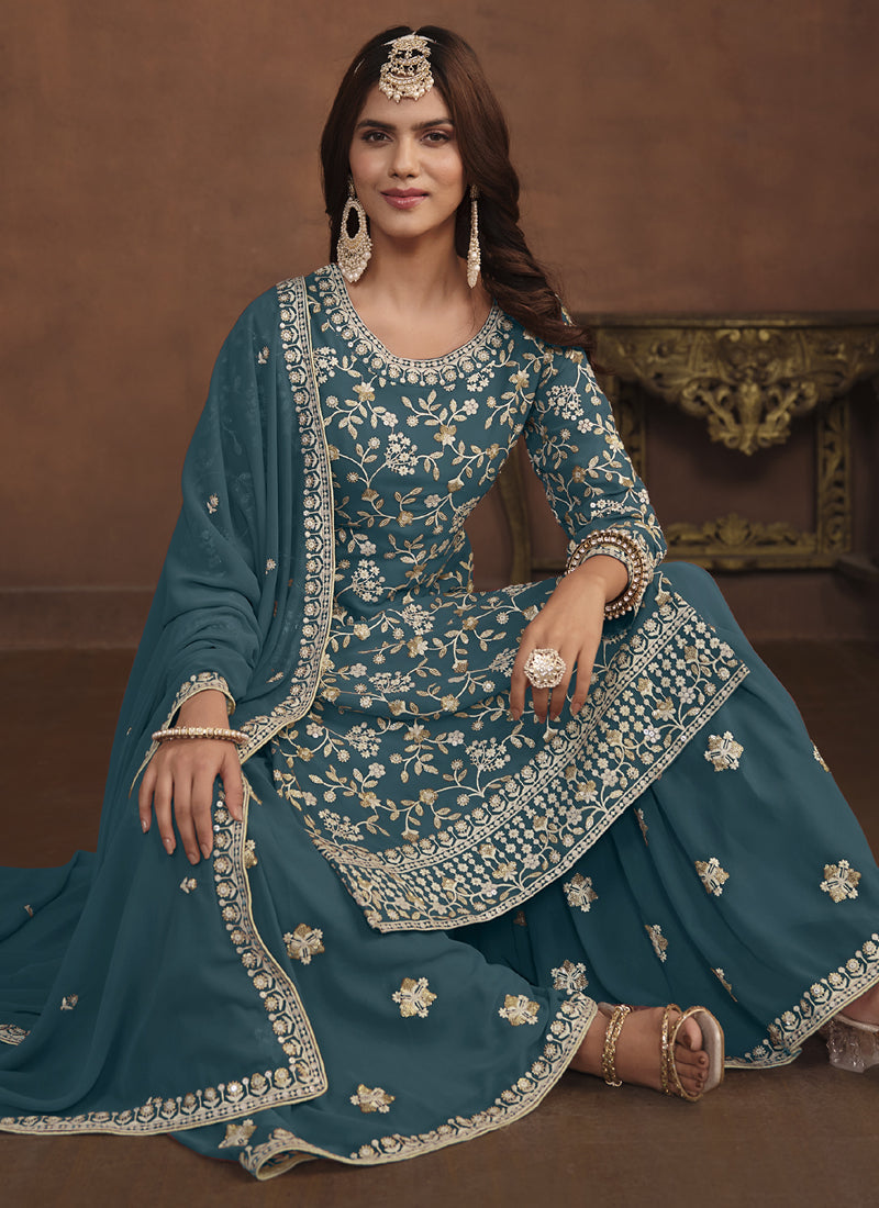 Vegaa Fashion Designer Dark Grey Faux Georgette Embroidery Sharara Suit