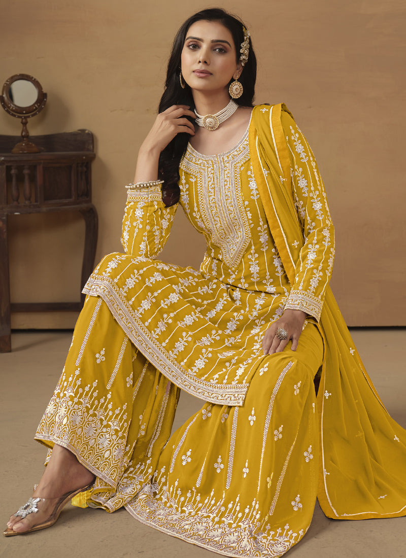 Vegaa Fashion Designer Yellow Faux Georgette Embroidery Sharara Suit
