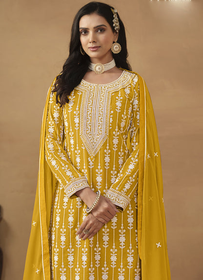Vegaa Fashion Designer Yellow Faux Georgette Embroidery Sharara Suit