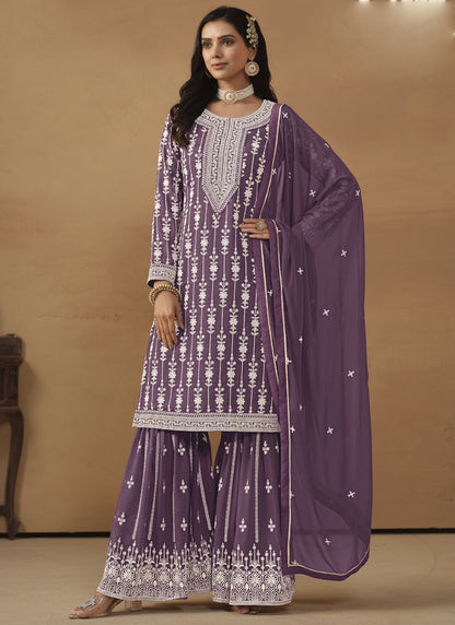 Vegaa Fashion Designer Purple Faux Georgette Embroidery Sharara Suit