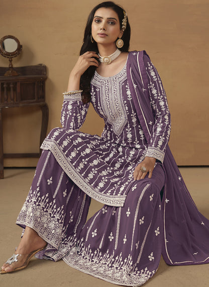 Vegaa Fashion Designer Purple Faux Georgette Embroidery Sharara Suit